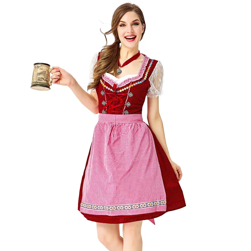 German Oktoberfest Women  Red Plaid Dirndl Costume Beer Maid Cosplay Tavern Wench Waitress Apron Outfit Halloween Party Dress