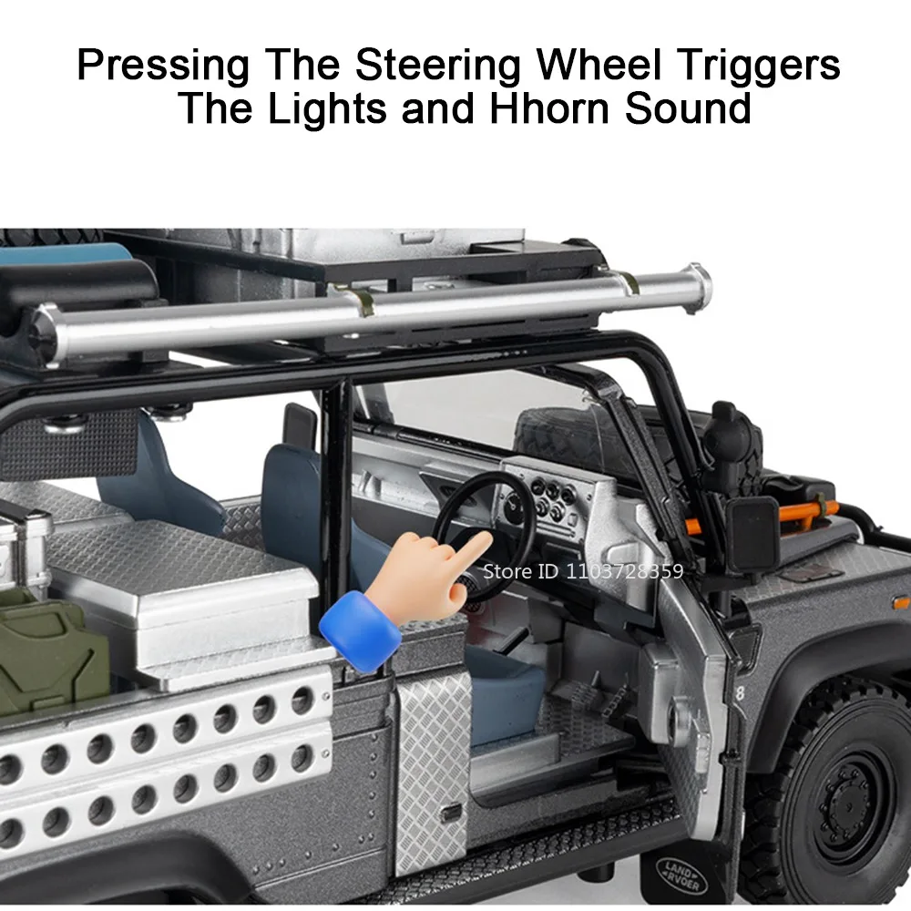 1:24 Defender 110 Model Pojazdu Terenowego Zabawki Metalowe Odlewane Dźwięk Światło Otwierane Drzwi Napęd Pull Back Ozdoby Samochody dla Dzieci Prezenty