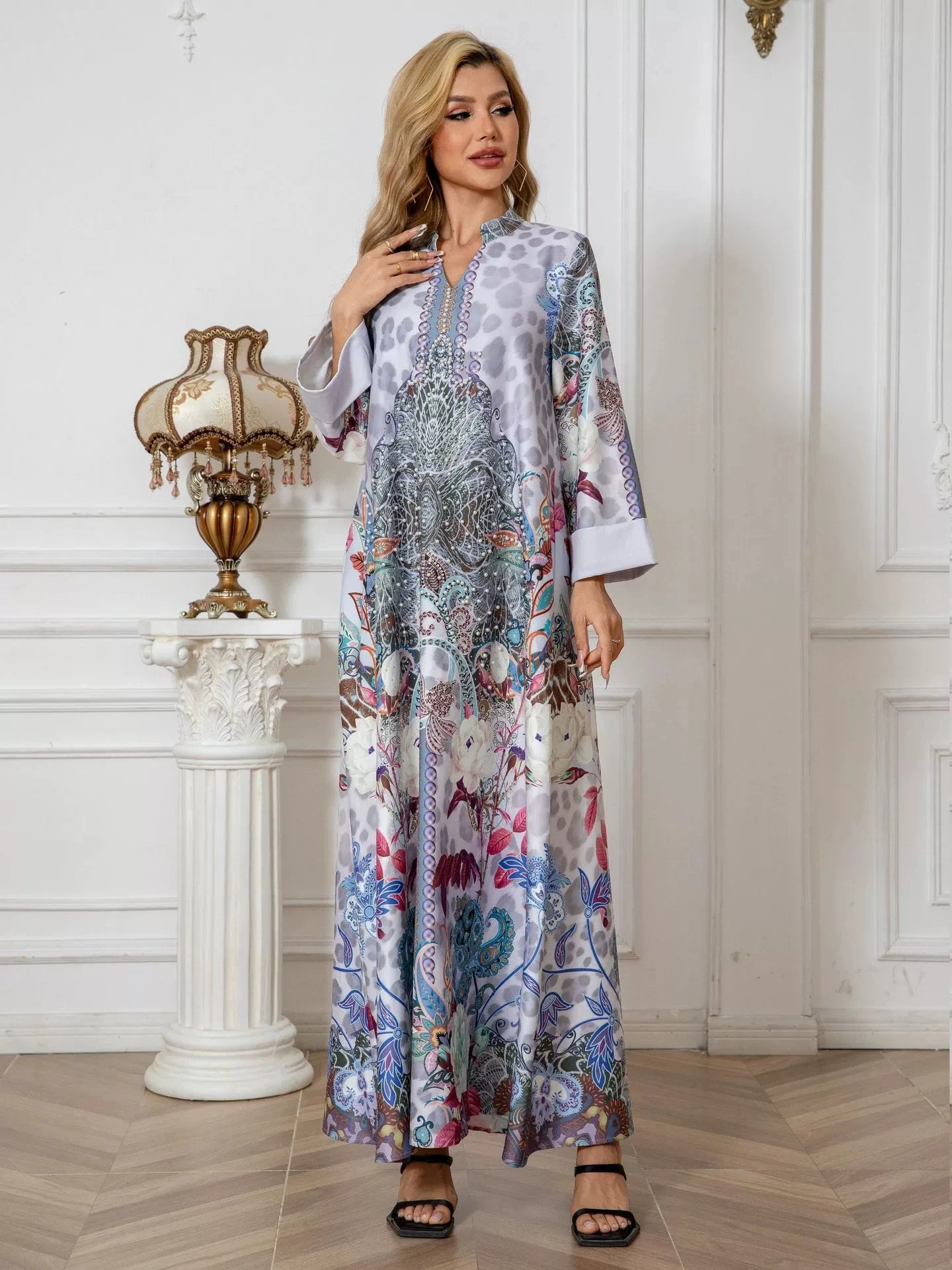 中東風ロングプリントダイヤモンドスタッズドレス刺繍ビーズゆったりウエストレギュラースリーブ春秋ロングドレス