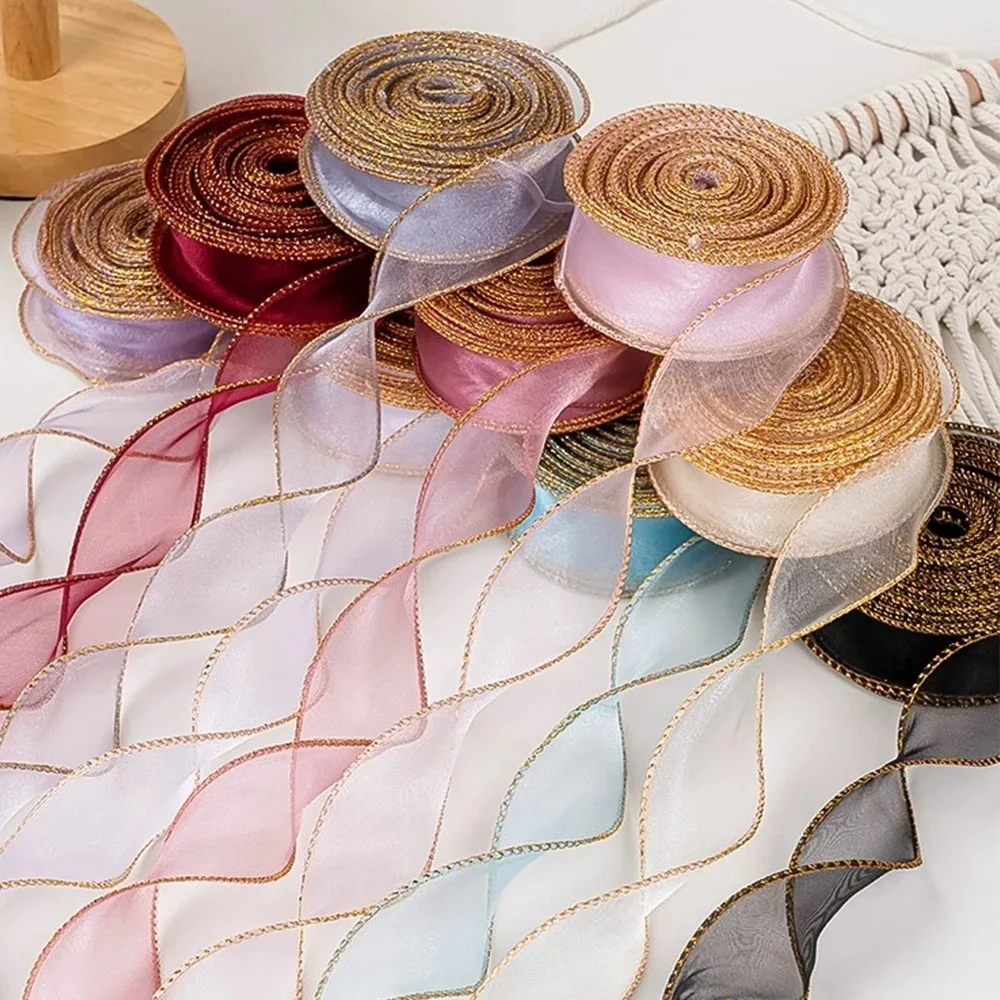 10 Yards/Roll Organza Ribbon with Golden Edge Fishtail Yarn for DIY Gift Wrapping Flower Wedding Bouquet Birthday Cake Decor