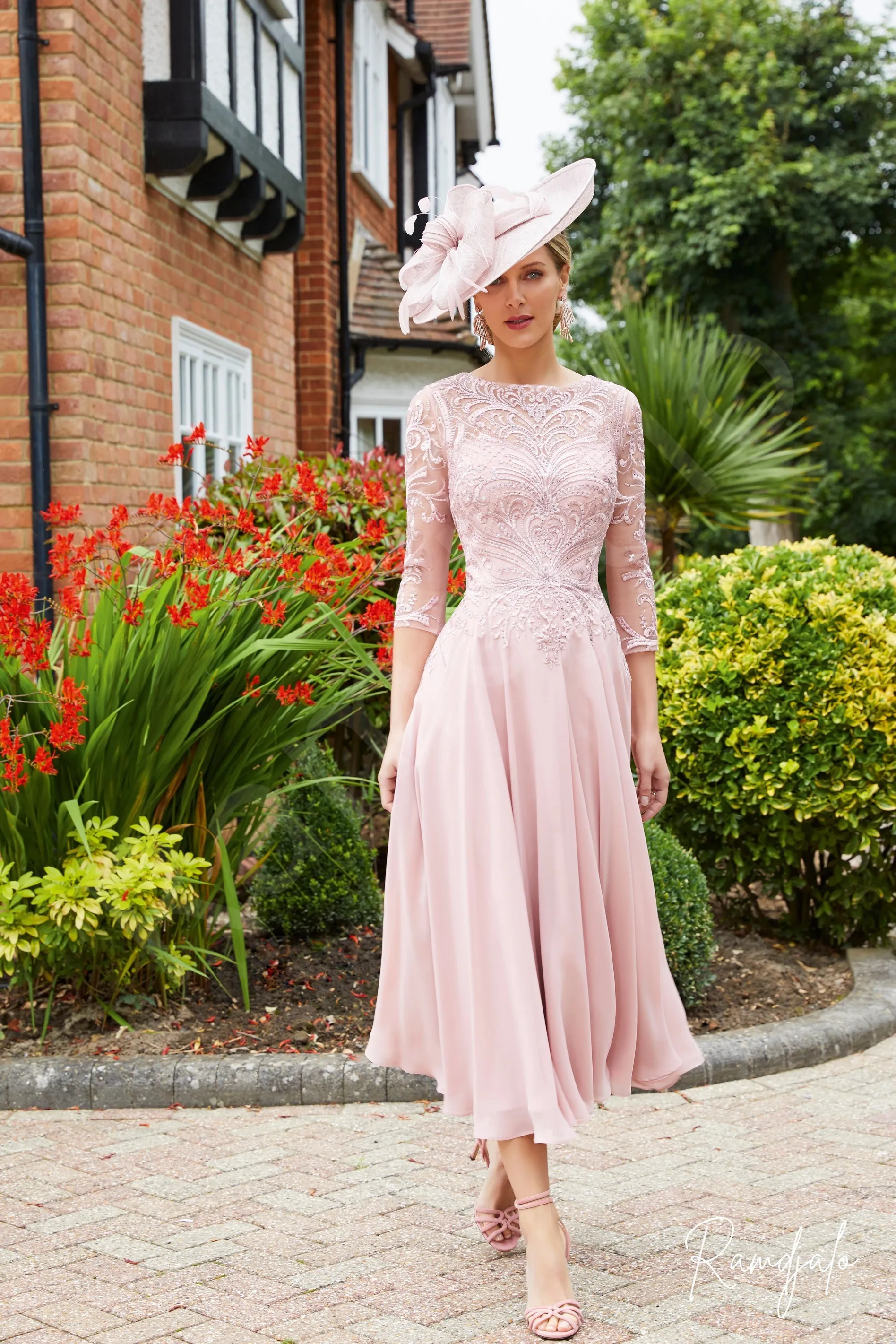 Customized Blush Pink Lace Bodice Chiffon Mother of the Bride Gown Three Quarter Sleeves Flowing Skirt Lovely Garden Soirees