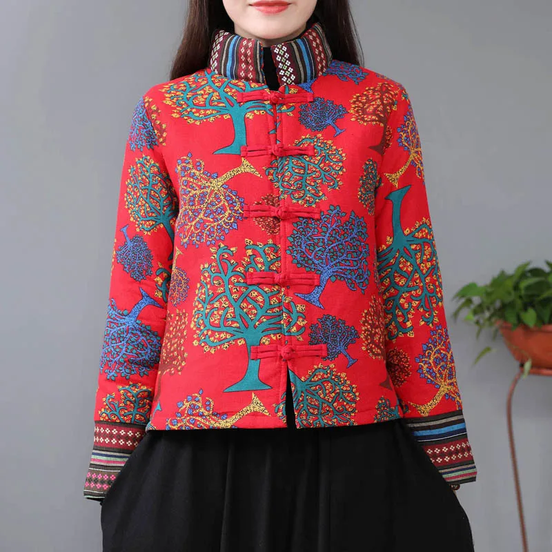 Traditional Chinese Style Autumn Women Cotton Warm Retro Fashion Printed Jackets Cardigan Outerwear Coat Tops Oriental Clothing