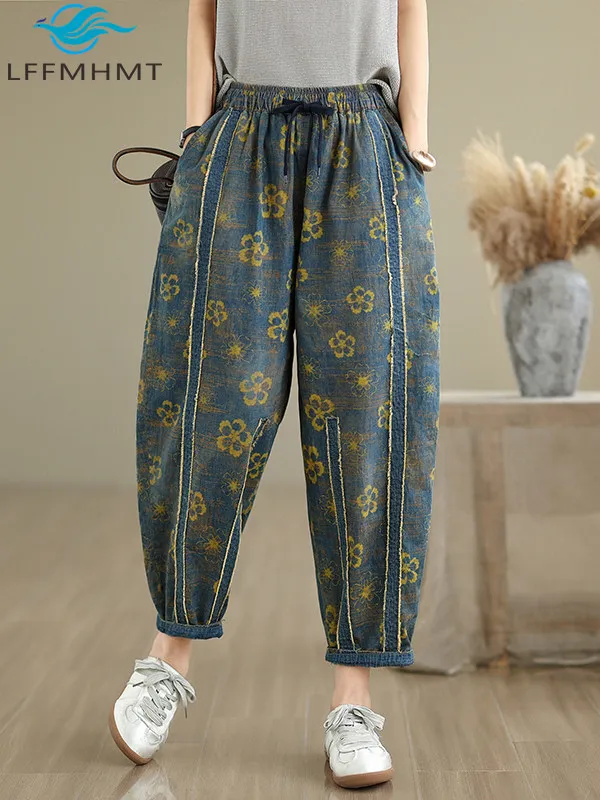 

Женские летние повседневные джинсы с эластичной резинкой на талии и принтом в стиле ретро, широкие брюки Harlen, тонкие джинсовые брюки, модные удобные женские брюки