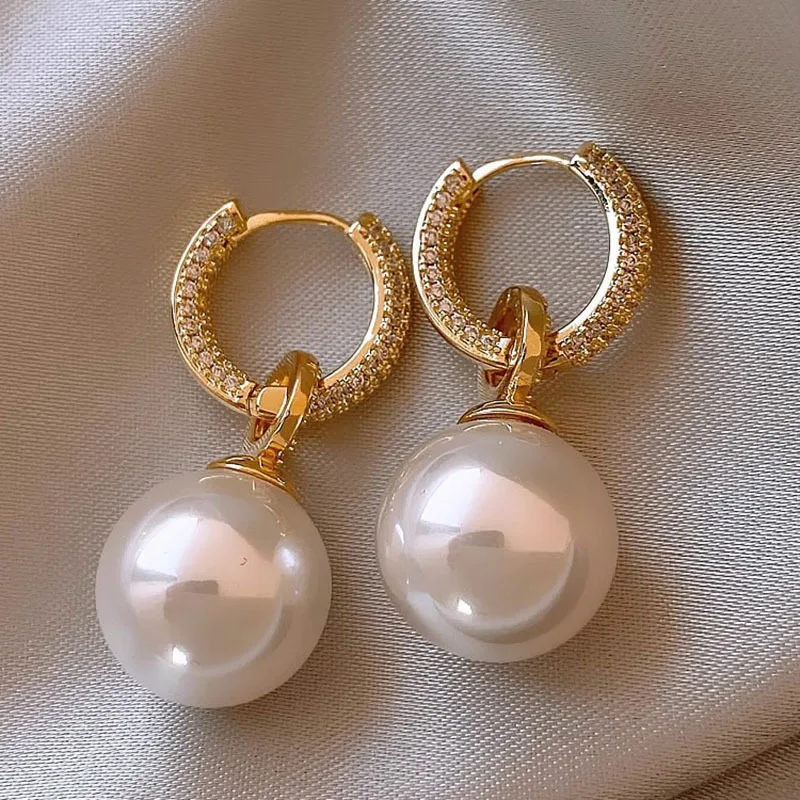 Pendiente de circón de perla de imitación chapado en oro para mujer y niña, regalo de fiesta, joyería de banquete de temperamento Circular
