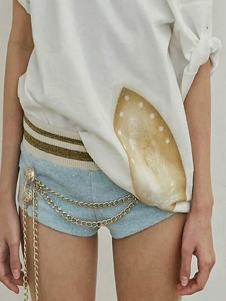 Weird Puss Glitter Stripe Patchwork Mini Short Women Buttons Decoration Chain Tassel Elastic Waist Sexy Hottie Midnight Bottoms