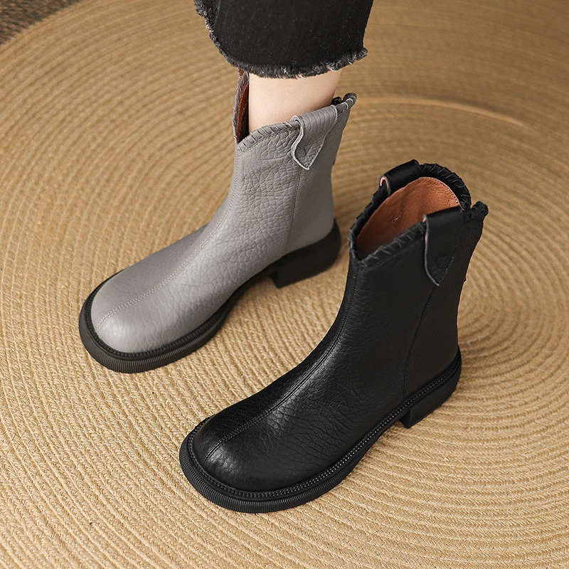 2026 new winter women ankle boots natural leather plus size 22-26cm sheepskin round toe low heel retro back zip western boots