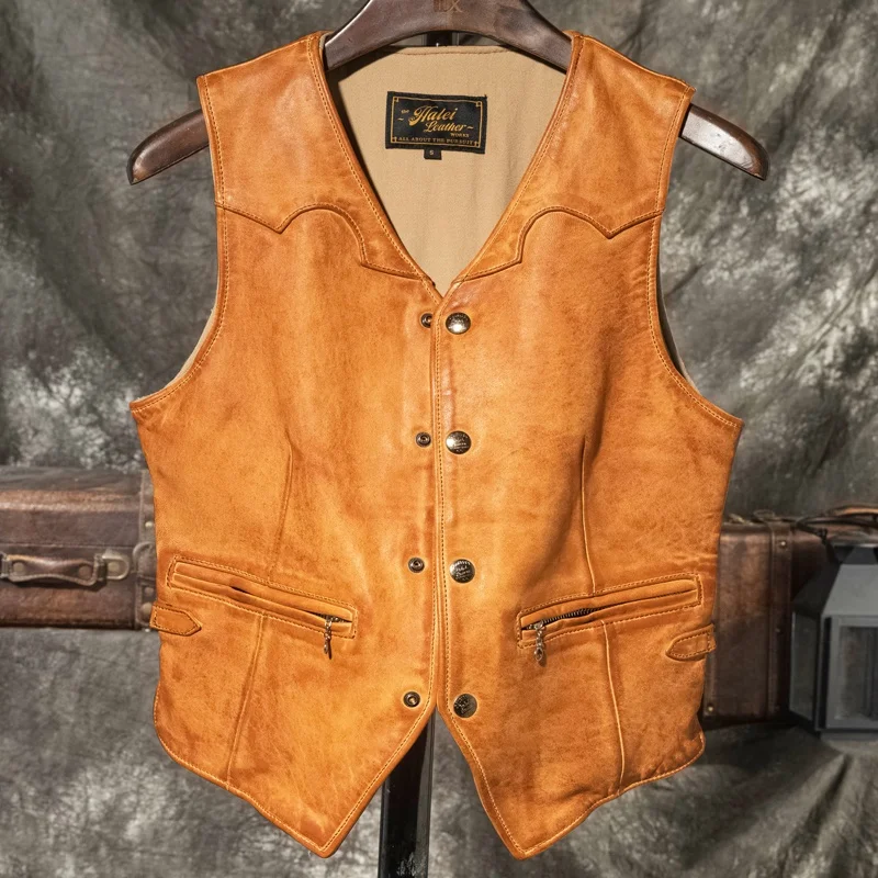 Genuine Leather Jacket Vintage Top Layer Sheepskin Men's Casual Slim Fit VestShoulder for Young People Autumn Windproof Short...