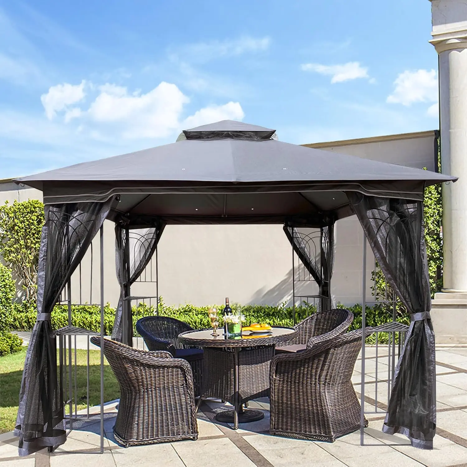 10x10 Patio Gazebo Heavy Duty Soft Top with Shelves & Netting Waterproof Steel Frame Double Roof for Deck Backyard, Customized