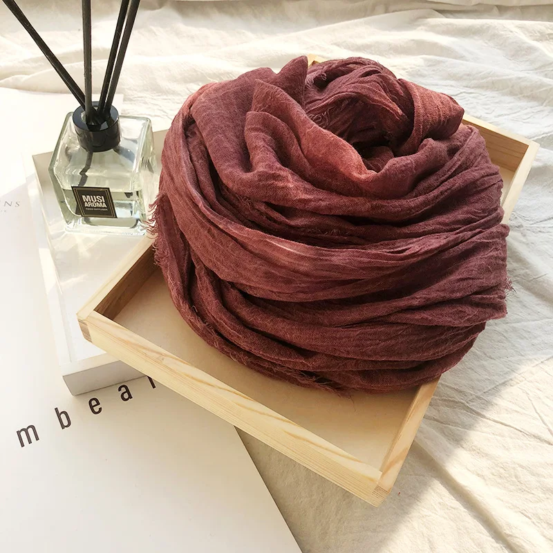 Vintage Crinkle Cotton Linen Scarf for Men Women Solid Color Autumn Winter Warm Pashmina Fringed Edge Soft Shawls and Wraps