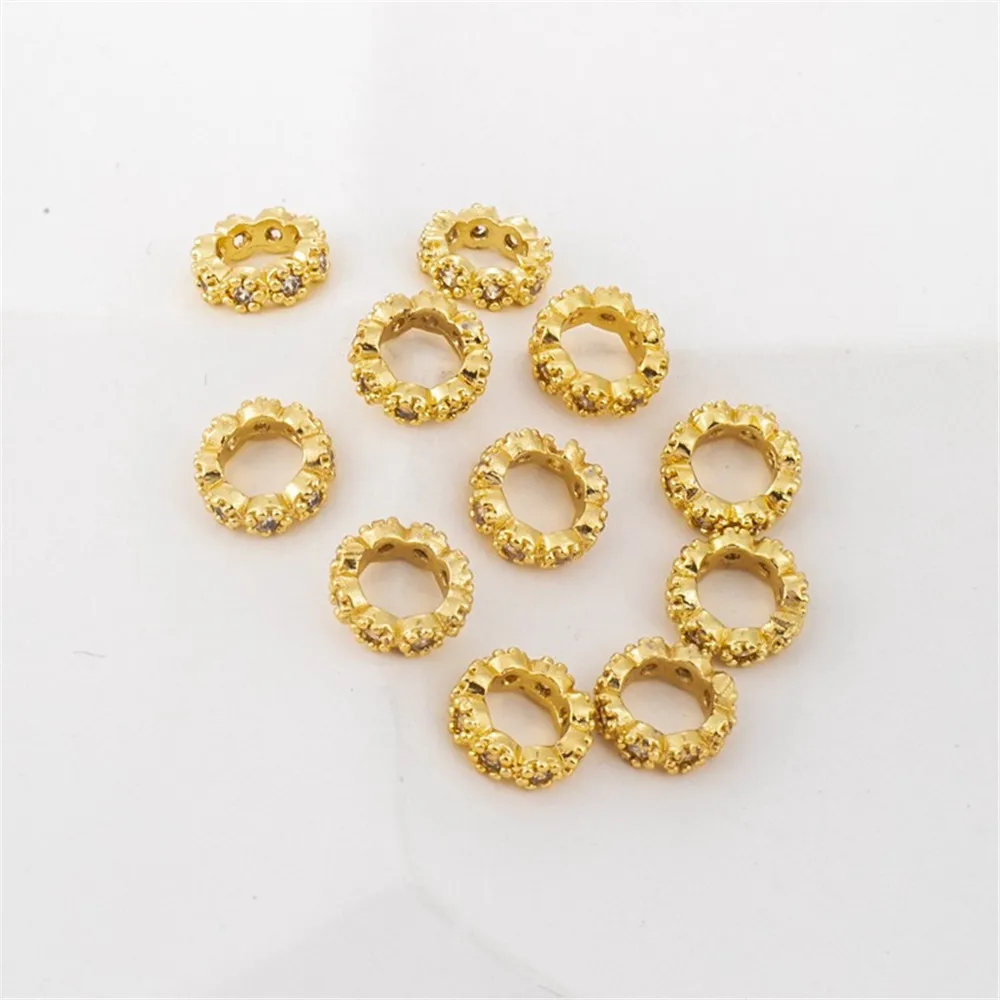 

1pcs 18K Copper Clad Gold Color Protection Inlaid with Zircon Flower Wreath, Crown Ring, Handmade DIY Loose Beads, 8mm