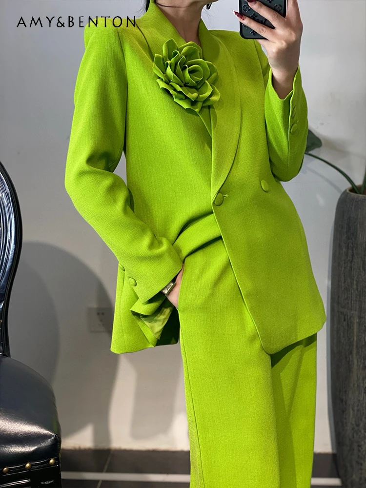 

Autumn New High-Grade Three-Dimensional Flower Cross Collar Loose Coat Wide Leg Pants Two-Piece Set Commute Style Business Suit