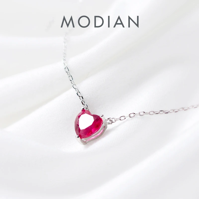 

Женская Короткая подвеска Modian из стерлингового серебра 100% пробы с красным кубическим сердцем, короткое ожерелье во французском стиле, ошей...