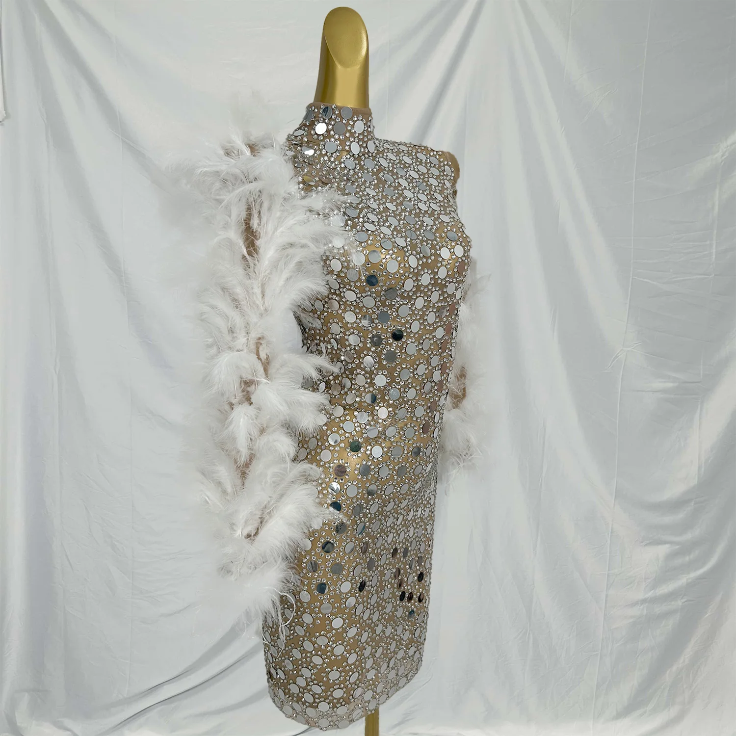 Pianyuxiu brilhante lantejoulas espelhos feminino sexy penas manga bodycon mini vestido celebrar festa de aniversário sessão de fotos palco wear