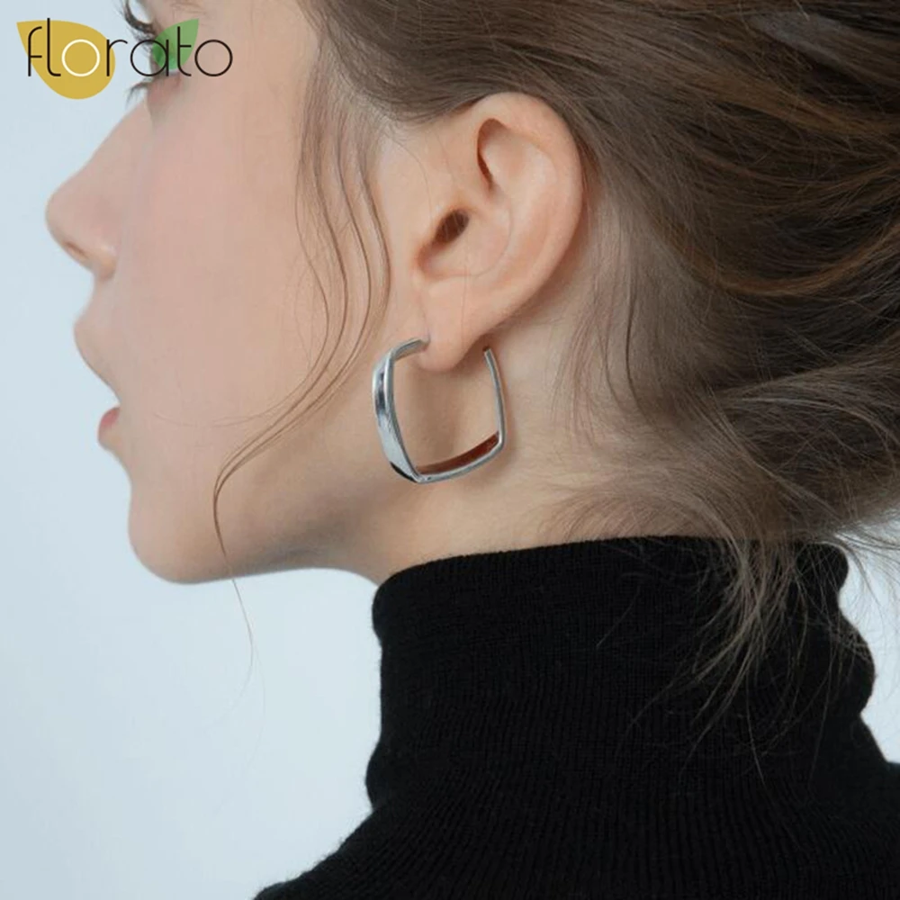 Pendientes grandes con forma de Aro para mujer, aretes de plata pura 925, diseño de anillo cuadrado clásico, joyería Retro Simple