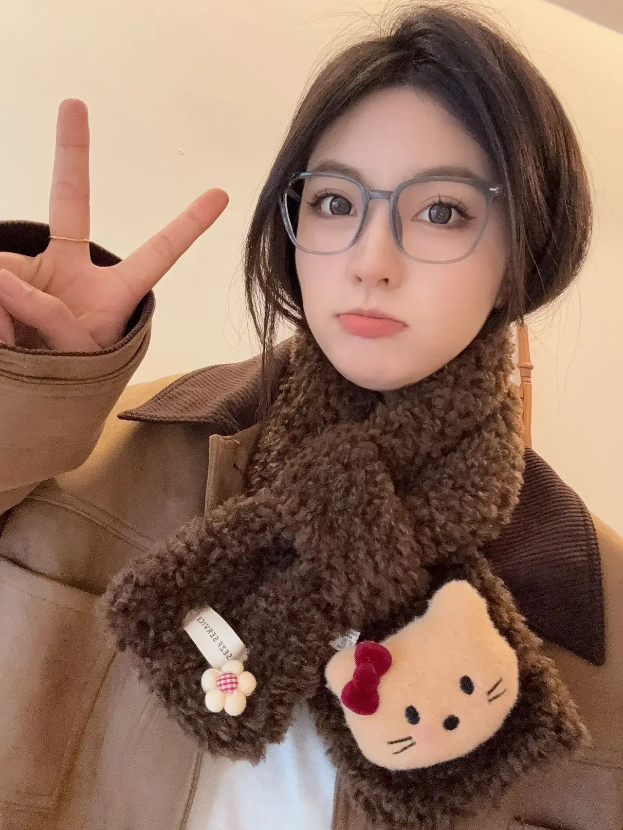 مرحبا كيتي رقيق الأزياء الكورية الكرتون لطيف القط صوف الضأن الصليب وشاح تلميذة الشتاء وشاح دافئ ومقاوم للرياح