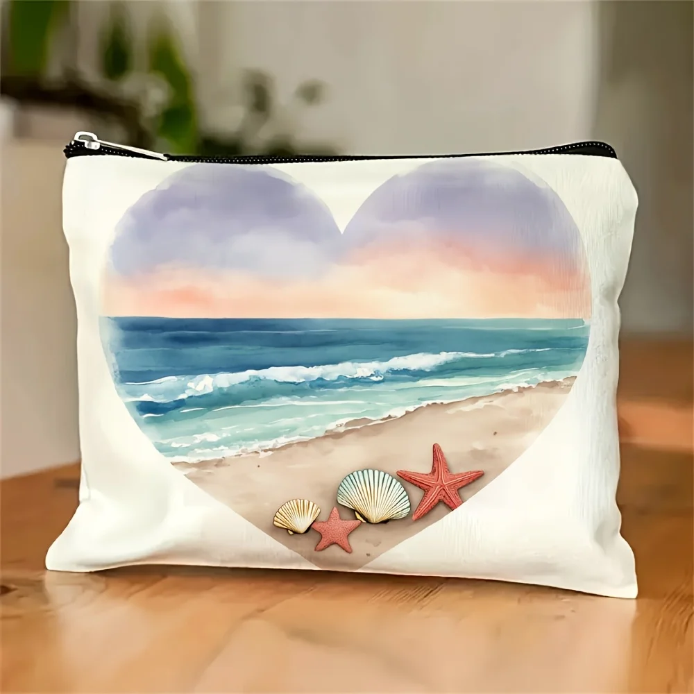 Bolsa de cosméticos com estampa de cenário oceânico em formato de coração - bolsa com zíper multifuncional, bolsa para armazenamento de joias, bolsa pequena com zíper perfeita para viagem