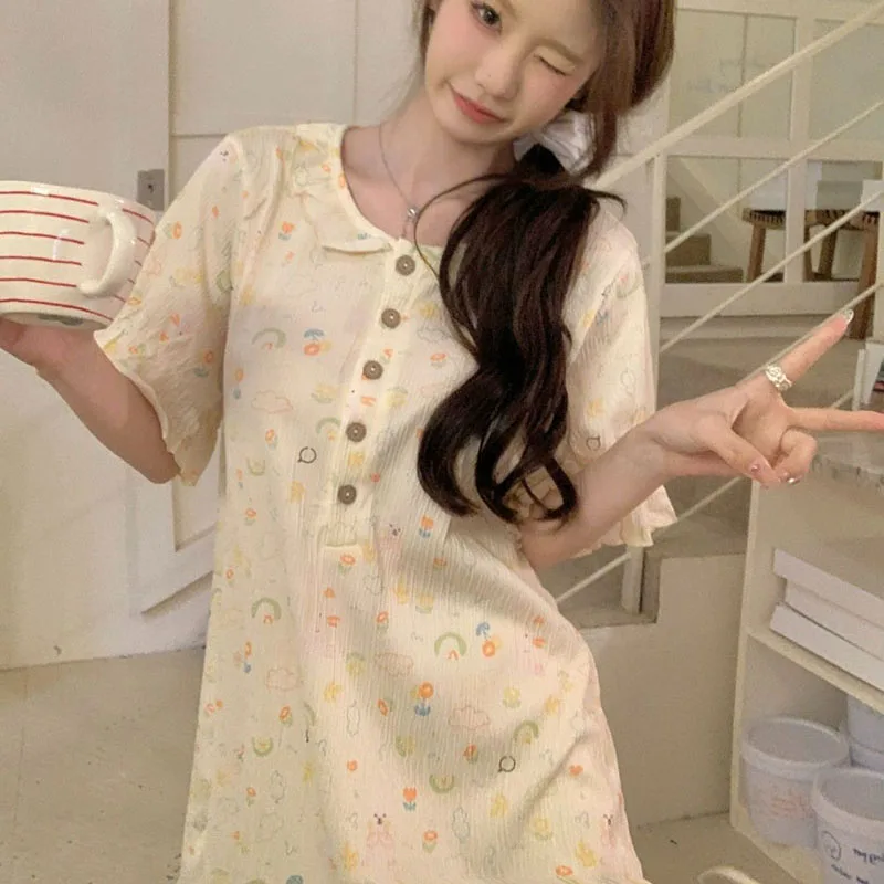 Women Nightgown Floral Print Sleepwear Short Sleeve Night Wears Nightgowns Home Sleeping One Piece Pajamas Dress Robe 2024 New