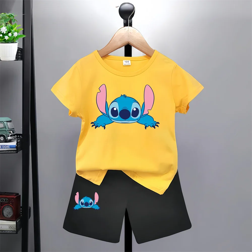 Disney Lilo Stitch Kids T-shirt Pants Kawaii T-shirt Anime Cartoon Kids Casual Clothing 2-piece set Kids Girls Boys Fashion Y2K