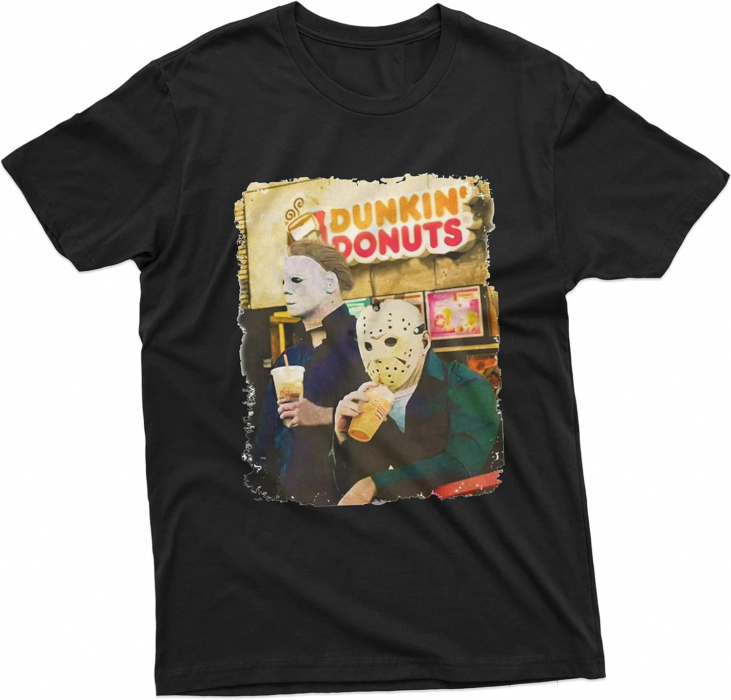 Halloween Movie Inspired T-Shirt Michael Myers Drinking Coffee Funny Humorous Tee for Him O-Neck Short Sleeves 100% 50998