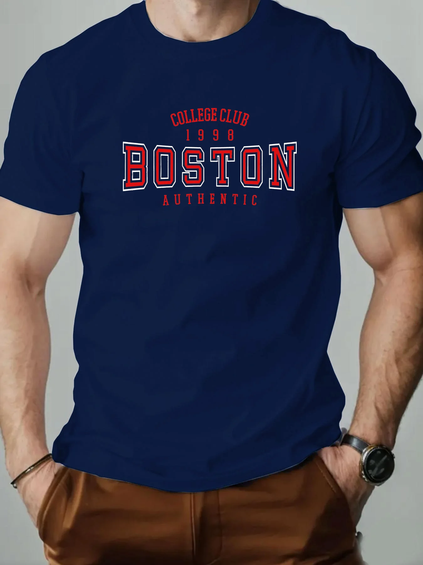 Men's Summer 100% Pure Cotton Fashionable Casual Loose Boston Letter Pattern Printed Sports Round Neck Short Sleeved T-Shirt Top