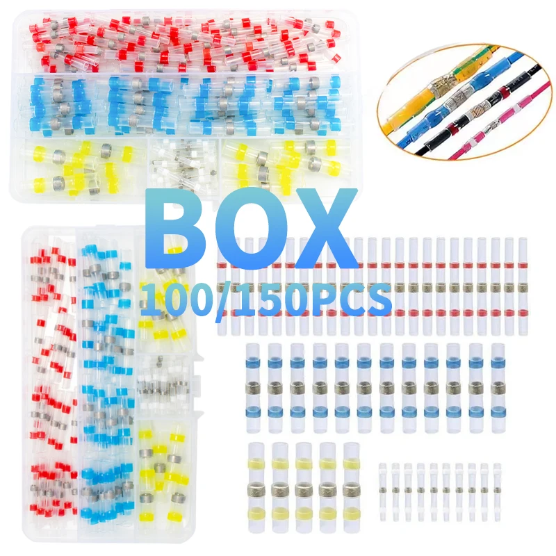 

100/150Pcs Box Solder Sealed Wire Connectors Heat Shrink Solder Butt Connectors ZiiZ Solder Kit Automotive Marine Insulation