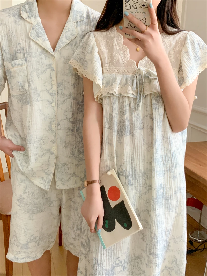 

Cotton Couple Pajamas Summer New Simple Sle Dyed Tie-Dye Ink Painting Lace Sp Dr Women ort Sve Can Wear Outdoors