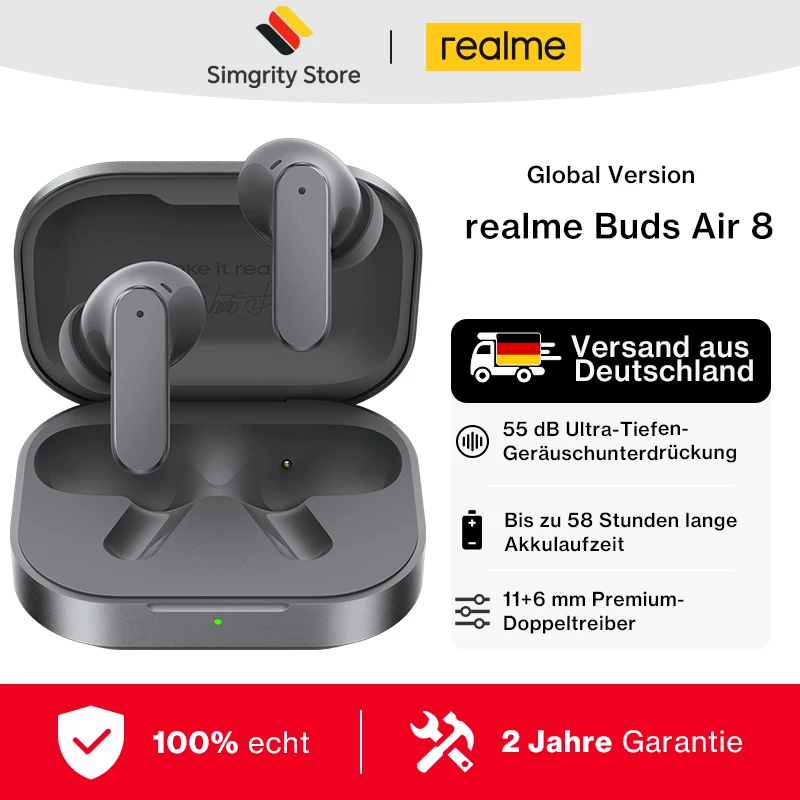 Globale Version realme Buds Air 8 Kopfhörer 55 dB Ultra-Tiefen-Geräuschunterdrückung 11+6 mm Premium-Doppeltreiber Master-Design IP55