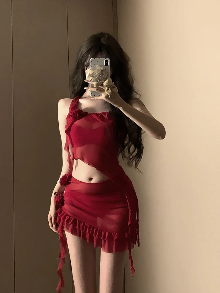 

New Sexy Girl Bikini Separate Swimsuit Women's Four-piece Set Retro Hong Kong Sle Red Flower High-ade Sensual Small Chest