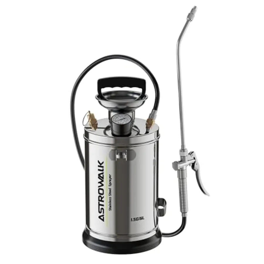 

1.5 Gallon Stainless Steel Sprayer Medium Duty and Versatile Pump Sprayer with 20" Wand and 4FT Reinforced Hose for Large Lawn