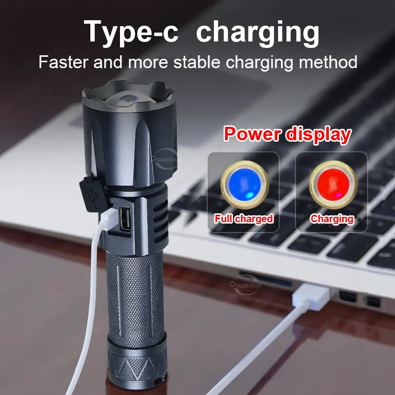 High Power LED Flashlight Waterproof Lamp Utral Powerful Lights Zoomable USB Rechargeable Tactical Torch Outdoor Camping Lantern