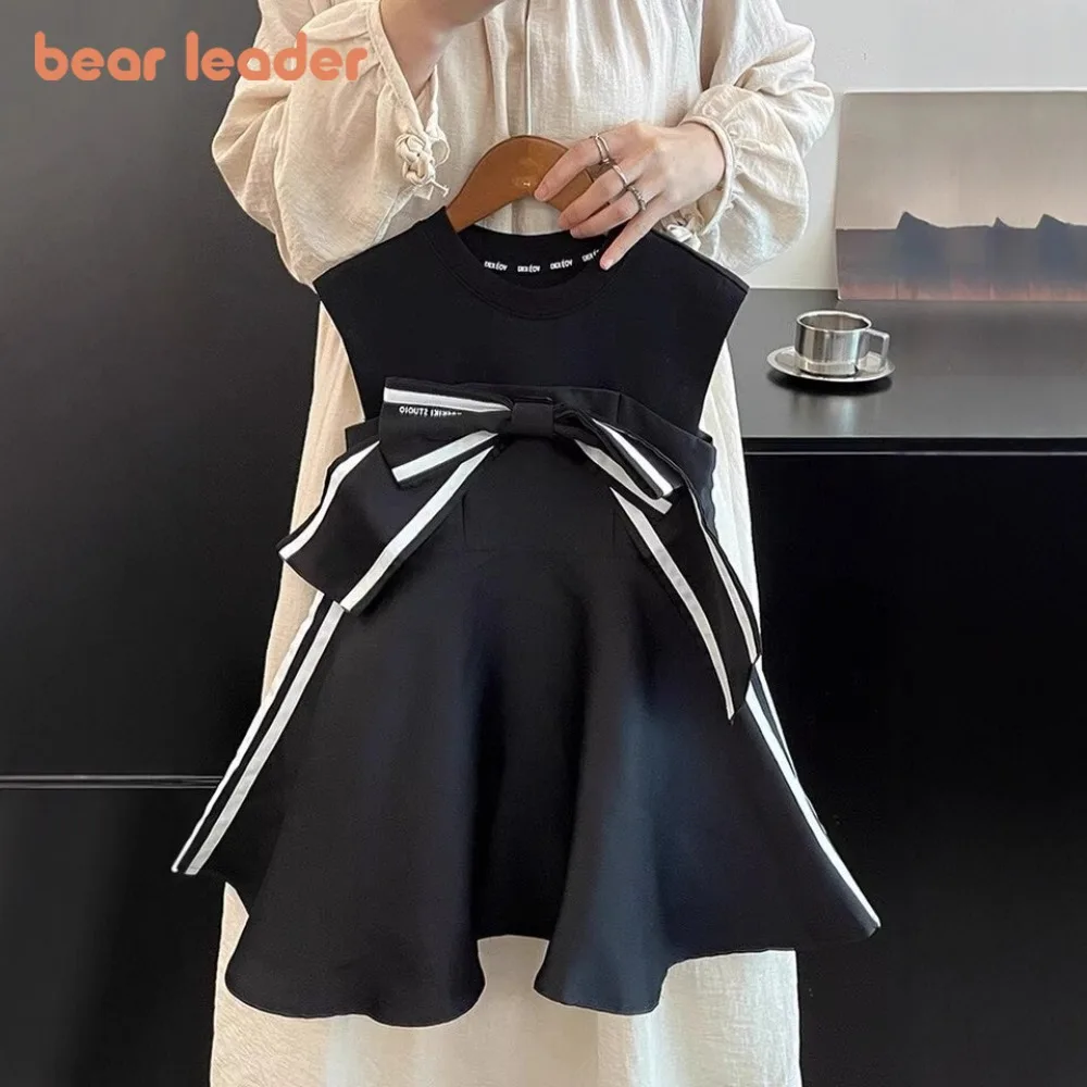 

Модное повседневное черное платье для девочек Bear Leader в корейском стиле, с цветными блоками и бантом, без рукавов, летнее, простое детское платье