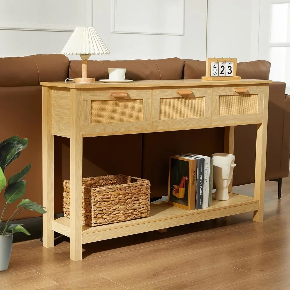 طاولة كونسول من الروطان مع 3 أدراج، طاولة مدخل بوهو مع مساحة تخزين، طاولة أريكة طويلة ضيقة مع رف مفتوح، بهو #6