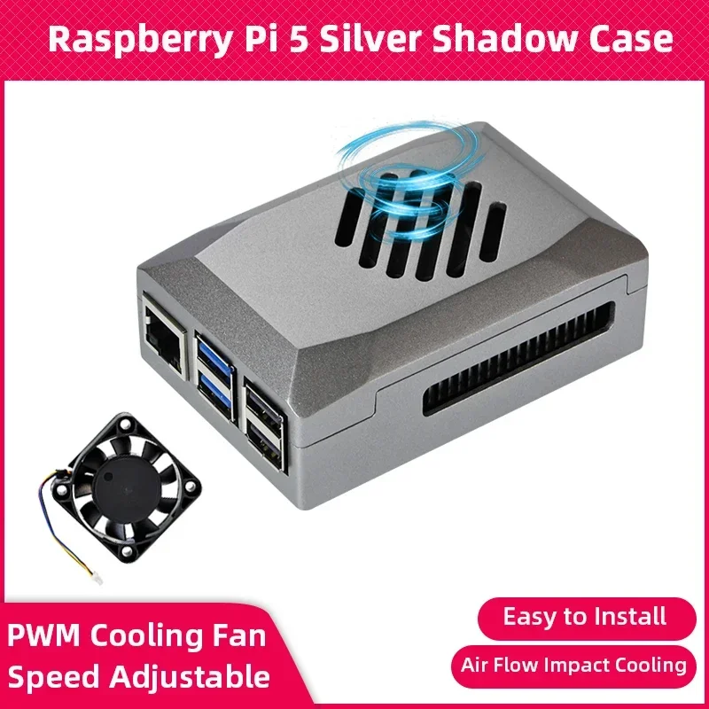 Raspberry Pi 5 ABS Case Silver Shadow Box with PWM Cooling Fan Shell Fit for Active Cooler Power Button for Pi 5