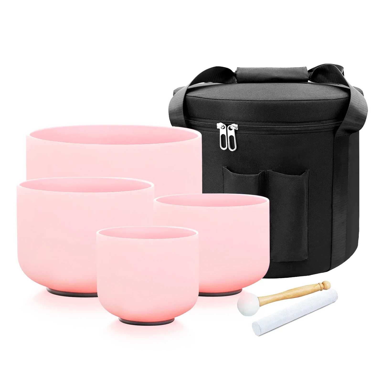 YXQY 4pcs Pink Frosted Quartz Crystal Singing Bowl Chakra Set 440hz/432hz with Beige Bag