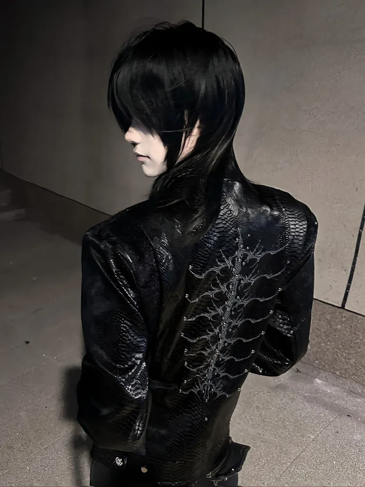 Premium Snake Eye Spine Bone Leather Motorcycle Jacket Men's Spring Autumn Patchwork Design American Retro Snake Pattern Coat