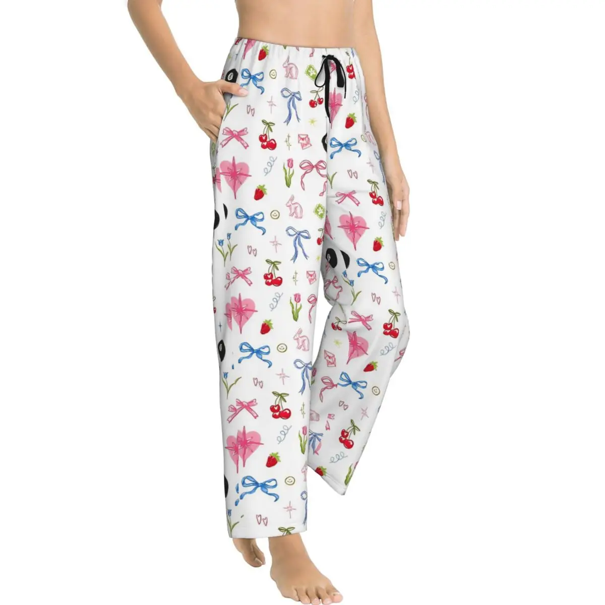 Spring Bows Set Ladies Lounge Pants Comfy Pink Bow Cherry Pattern Pajama Pants Home Pajama Bottoms