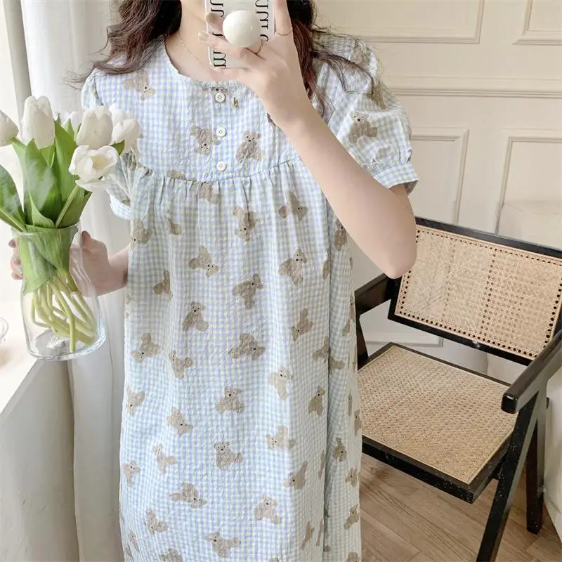 

Kawaii Bear Plaid Print Summer Nightgown Women Korean Cartoon Cotton Long Sleepwear Loose O-Neck Night Dress Light Blue