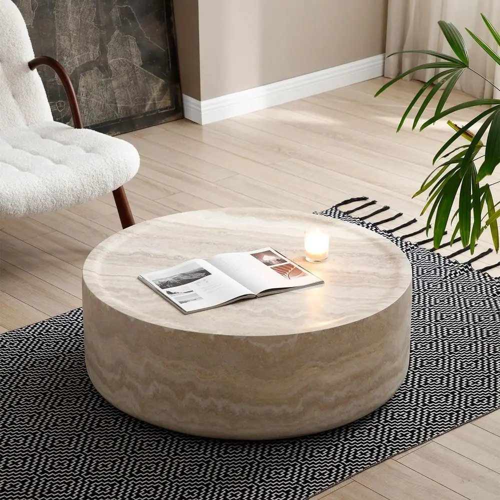 

ø35.4'' Round Stone Coee Table or Living Room, ern Drum Circle aux Concrete Marble Coee Table, iber Glass Material, No Assembly