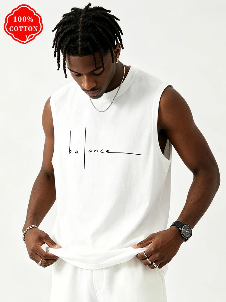 Men Minimalist Balance Line Letter Print Cotton Tank Top Oversized Sleeveless Vest Summer Streetwear Sleeveless T Shirt-T81