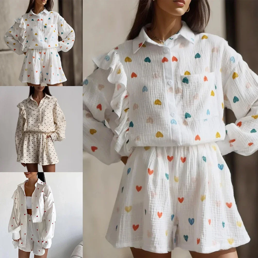 Casual Home Suits Fashion Shirt And Short Set Long Sleeve Shirt Love Heart Pattern Slight Stretch For Lounging