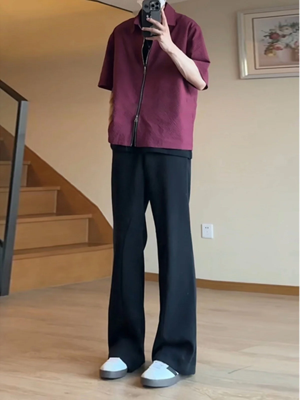 

Bla Ice Silk Men's Casual Pants Straight Leg Bell Bot Lengthening Legs Summer Faionable Loose Fit Low Waist Trousers