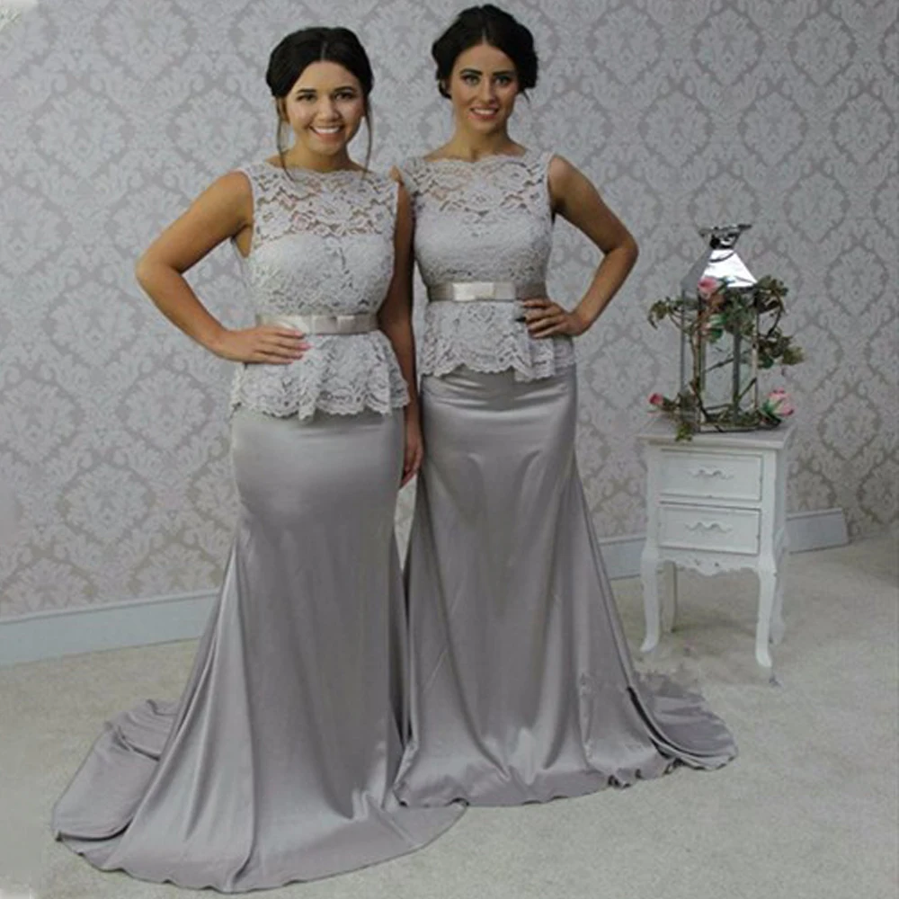 

Silver Elegant Scalloped Edge Sweep Train Mermaid Bridesmaid Dress Lace Top with Bow Sasha Made Party Formal Robe Prom Evening