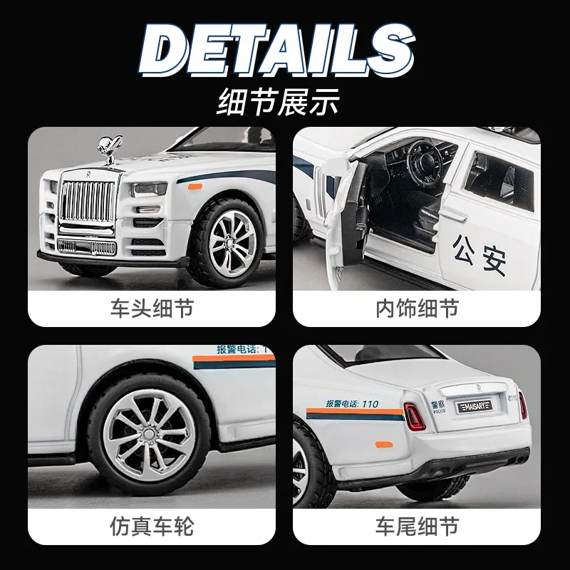 1:36 Rolls Royce Phantom police car simulazione Diecast Metal Alloy Model car Sound Light Pull Back Collection regalo giocattolo per bambini