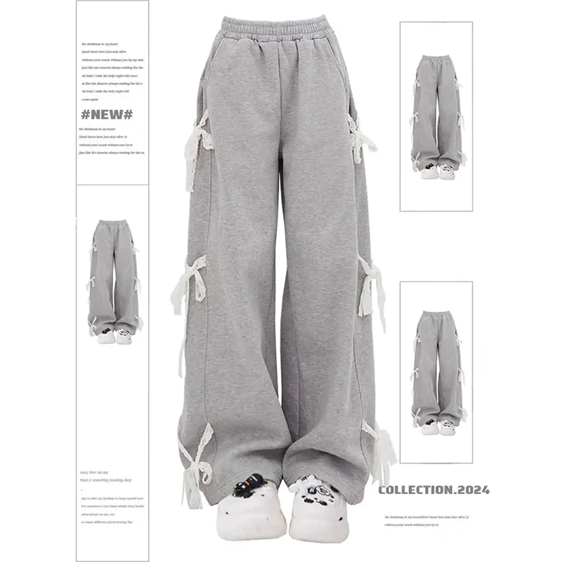 

Women Grey Lace Lace Up Pants Vintage Y2K Harajuku Baggy High Waist Straight Aesthetic Sweatpants Female Casual Wide Leg Pants