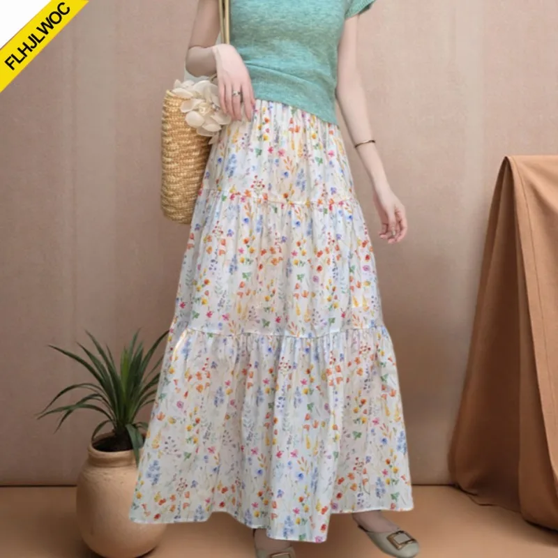 

Rural village Summer Holiday Skirts Hot Korean Japan Style Date Girls Floral Print Retro Vintage High Elastic Waist Skirt Long