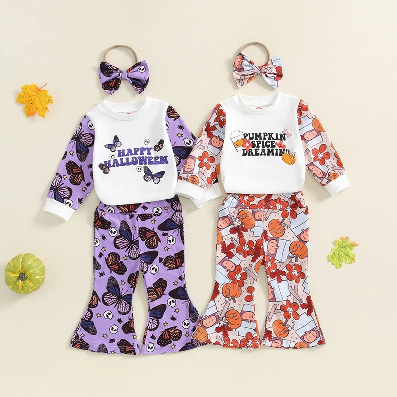 

Baby Newborn Girl Halloween Outfits Long Sleeve Letter Print Romper Bodysuit Butterfly Flared Trouser Set Bow Headband 2Pcs