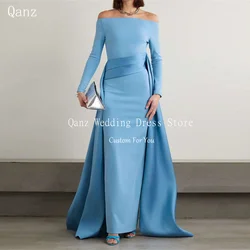 Qanz Vintage Soft Satin Evening Dress Long Sleeves Mermaid Boat Neck Arabia Prom Dresses Dubai Formal Occasion Dress Customized