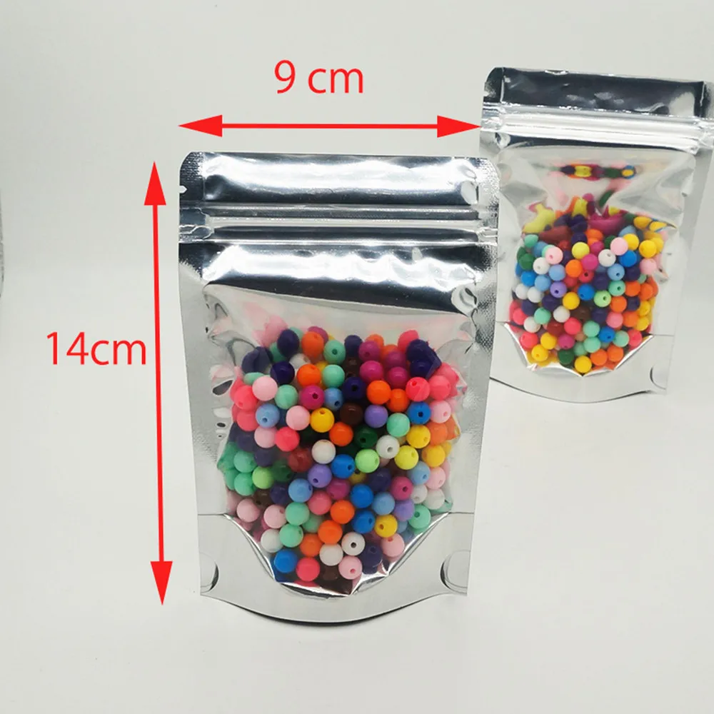 9*14cm 100pcs Stand Translucent Aluminium Zipper Bags, Front Clear Metallic Mylar Ziplock Bag,Reclosable Plastic Pouch Food Sack