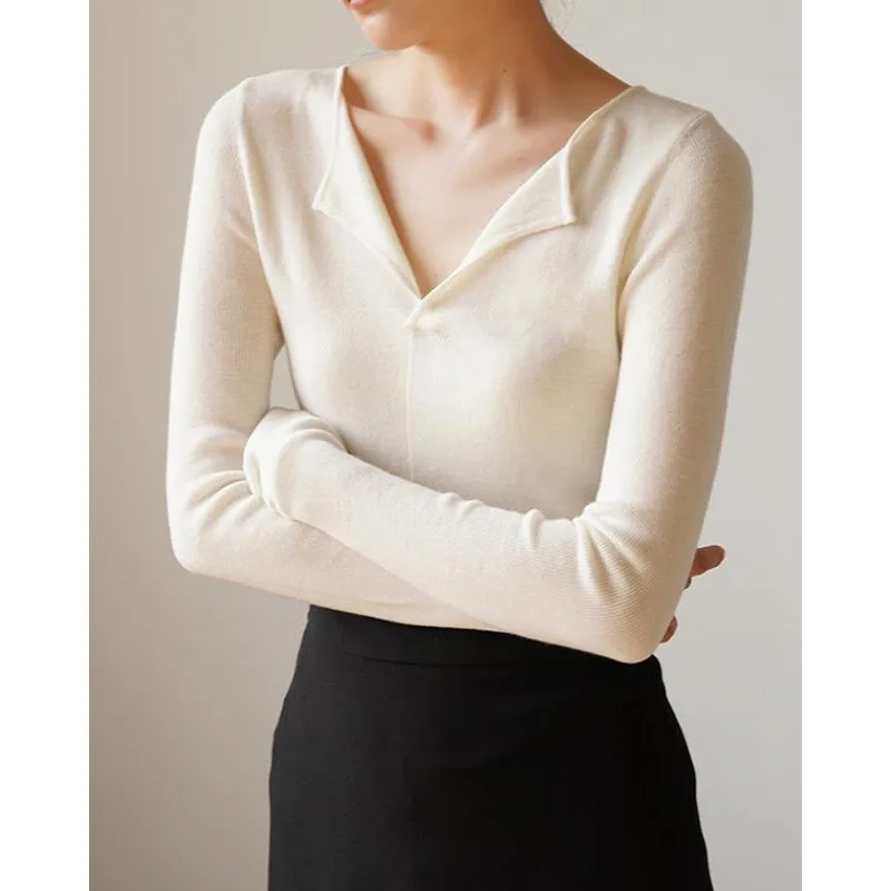 Women French Style V Neck Knit Sweater Thin Slim Elegant Inner Basic Long Sleeve Top
