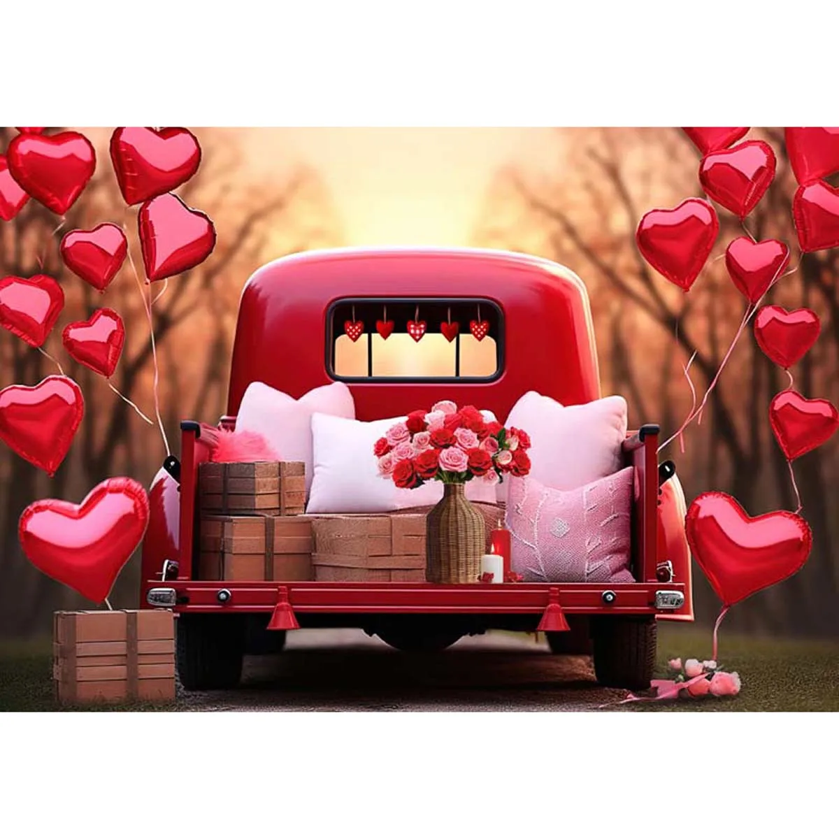 Allenjoy Valentine's Day Red Love Balloon Truck Backdrop